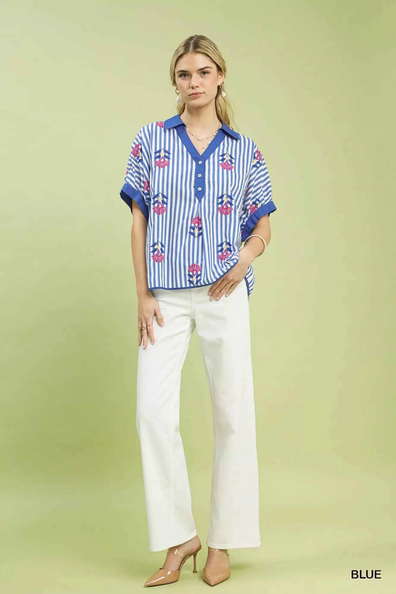 Umgee Stripe Embroidered Button-Front Boho Blouse