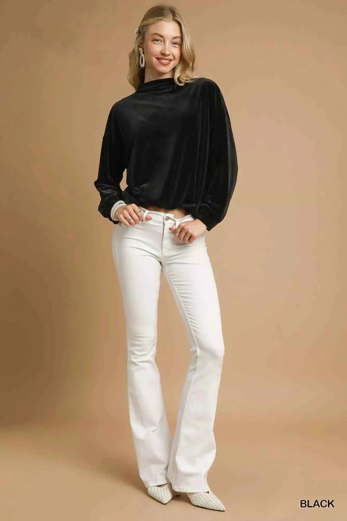 Umgee Ribbed Drawstring Hem Knit Top