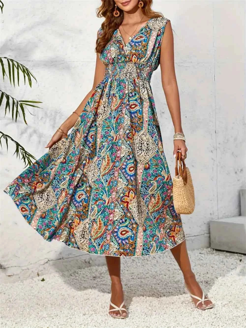 Smocked Printed Surplice Sleeveless Midi Dress