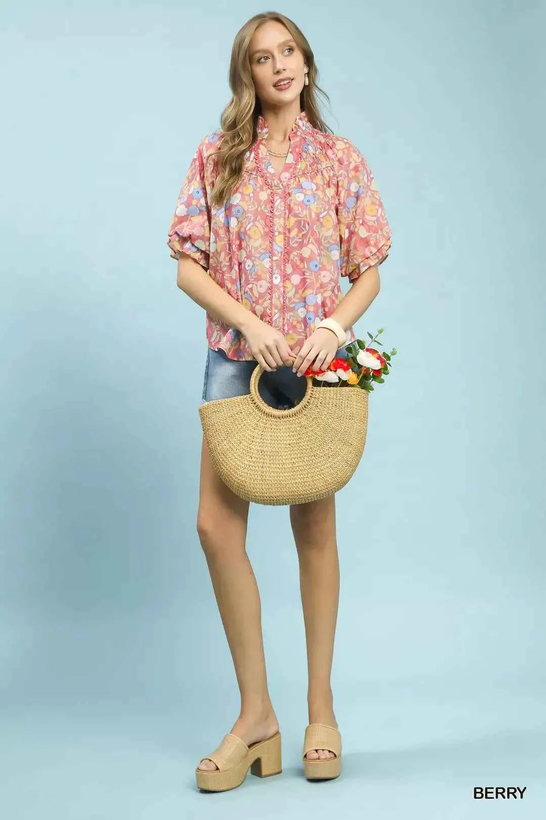 Umgee Smocked Floral Ruffle Trim Top