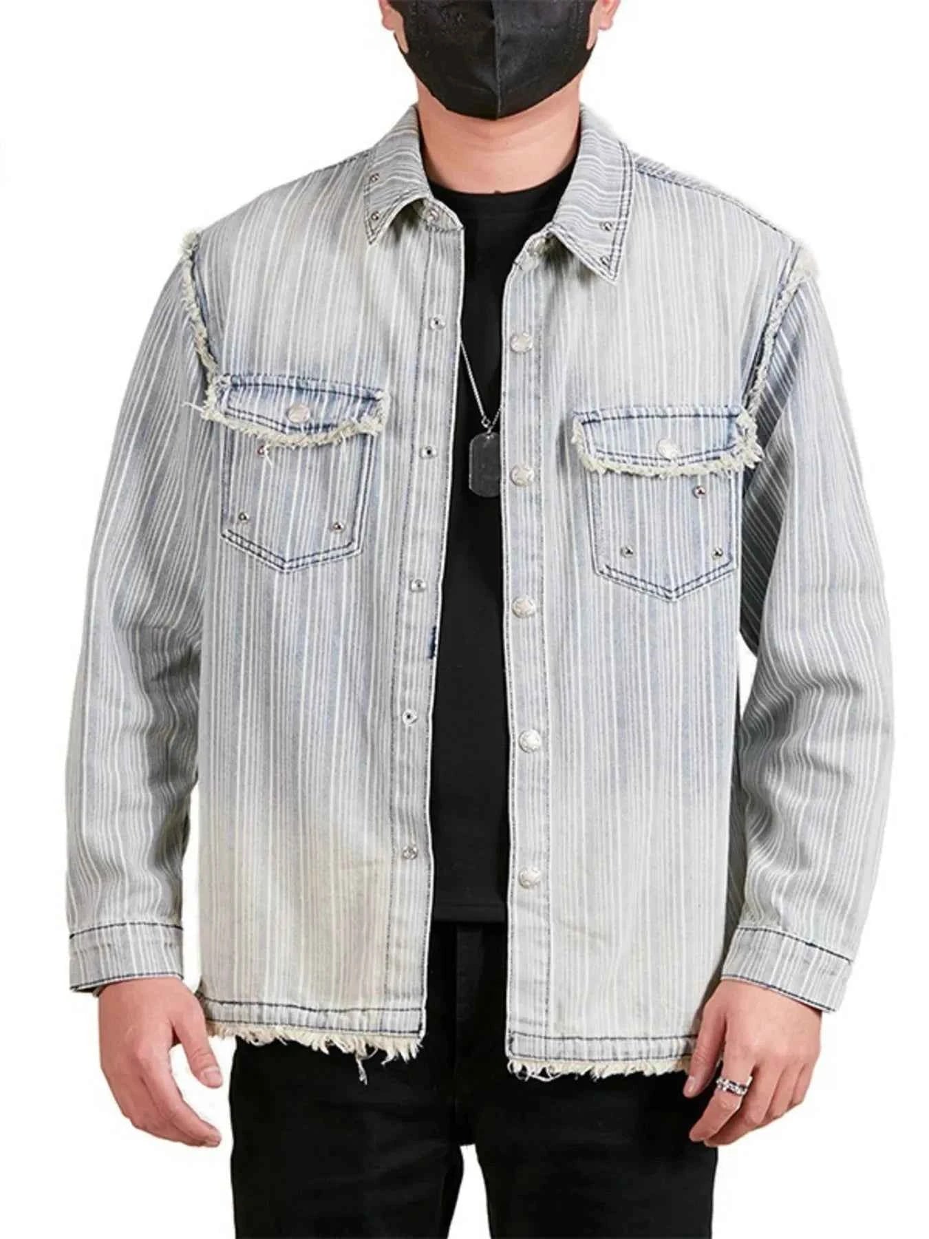 Men's Plus Size Washed Striped Denim Shirt