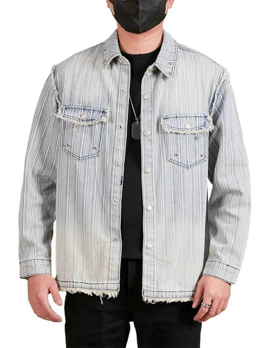 Men's Plus Size Washed Striped Denim Shirt
