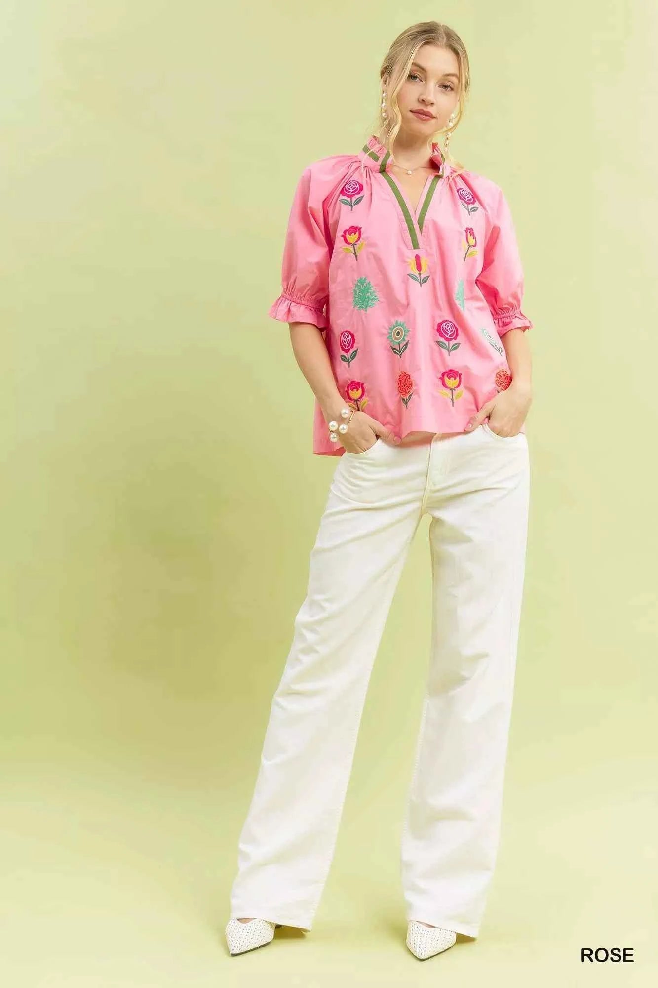 Umgee Embroidered Floral Top with Contrast Trim