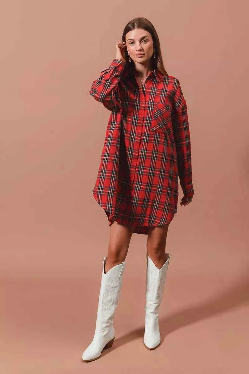 SO ME Christmas Checker Plaid Button Up Shirt Dress