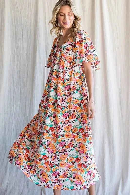 Lime 'N' Chili Floral Print Sweetheart Neck Tie Front Midi Dress