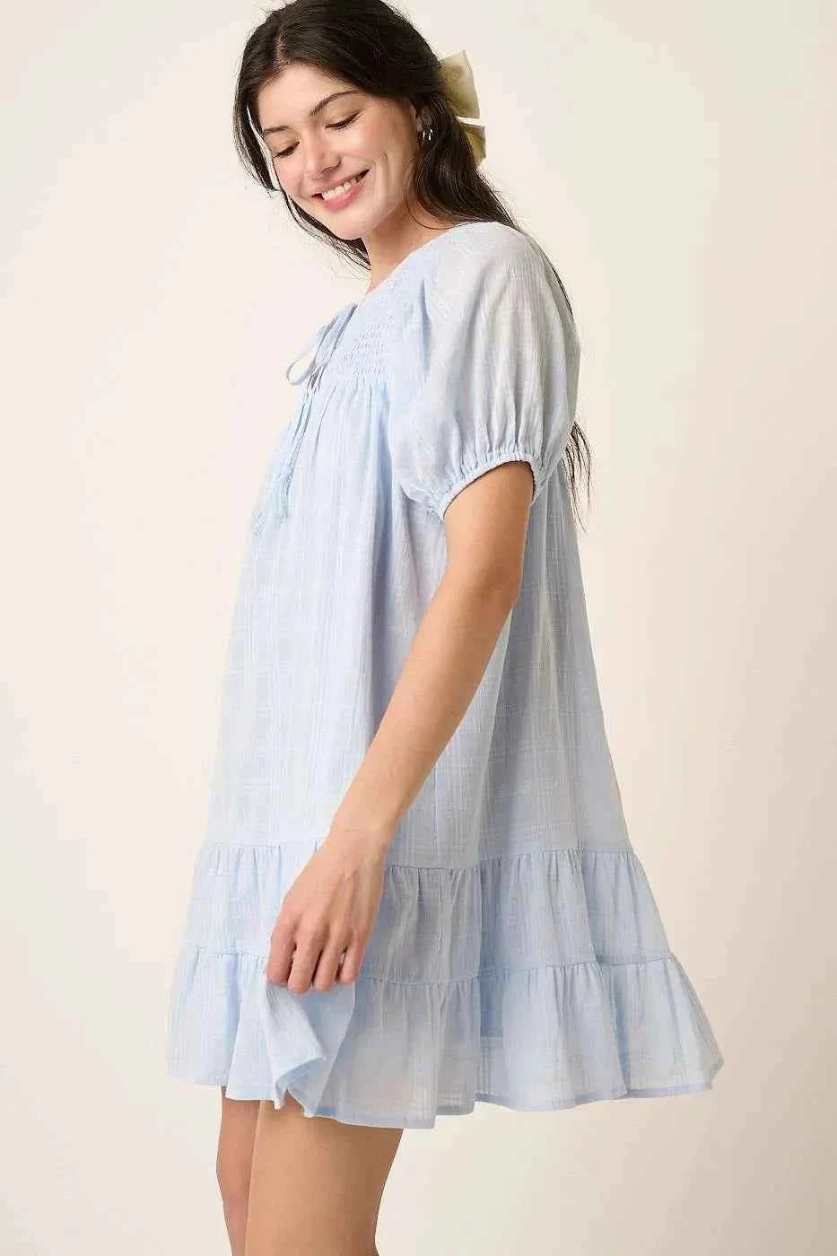 Mittoshop Tassel Tie Plaid Gauze Short Sleeve Mini Dress