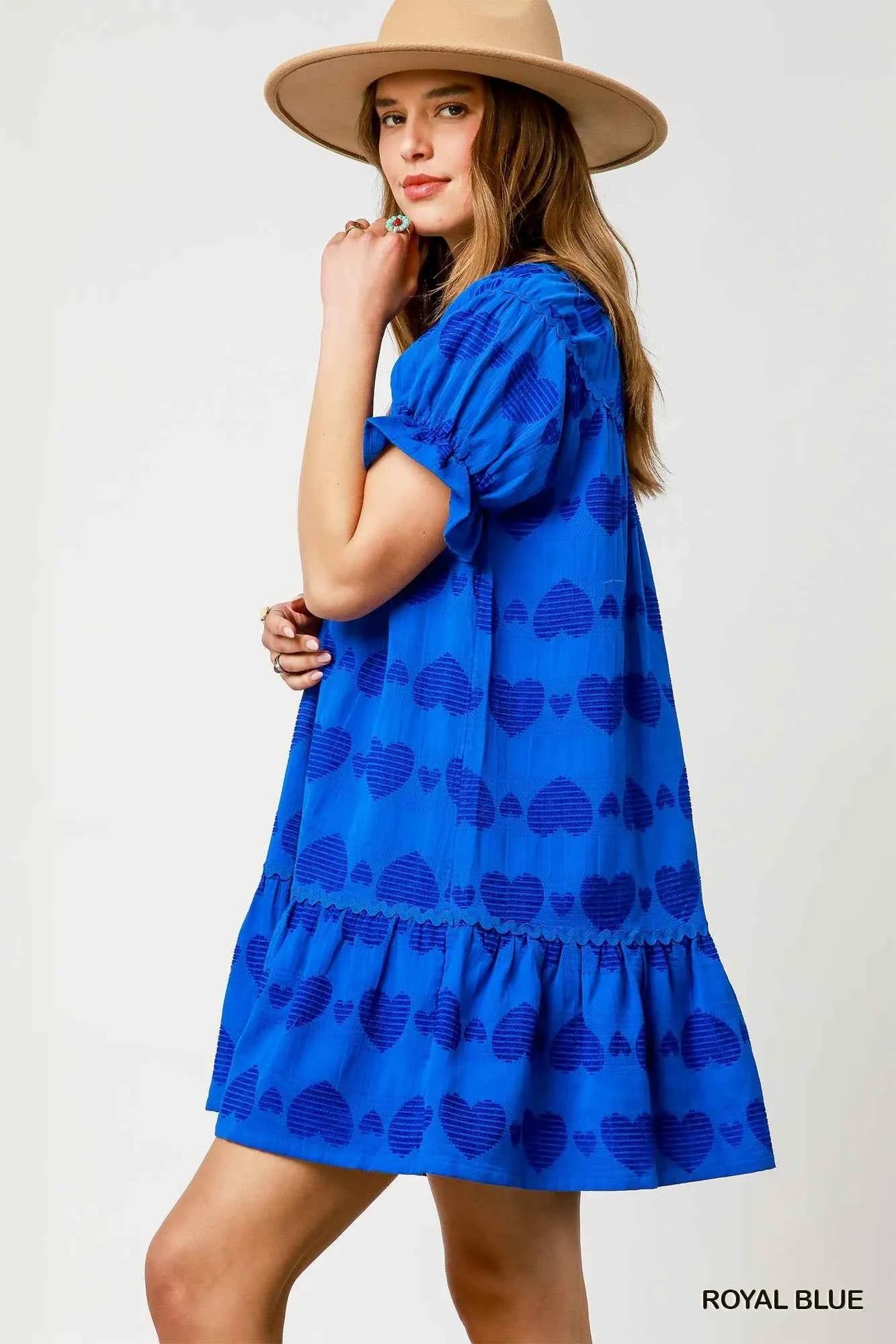 Umgee Heart Pattern Short Sleeve Ruffle Babydoll Dress