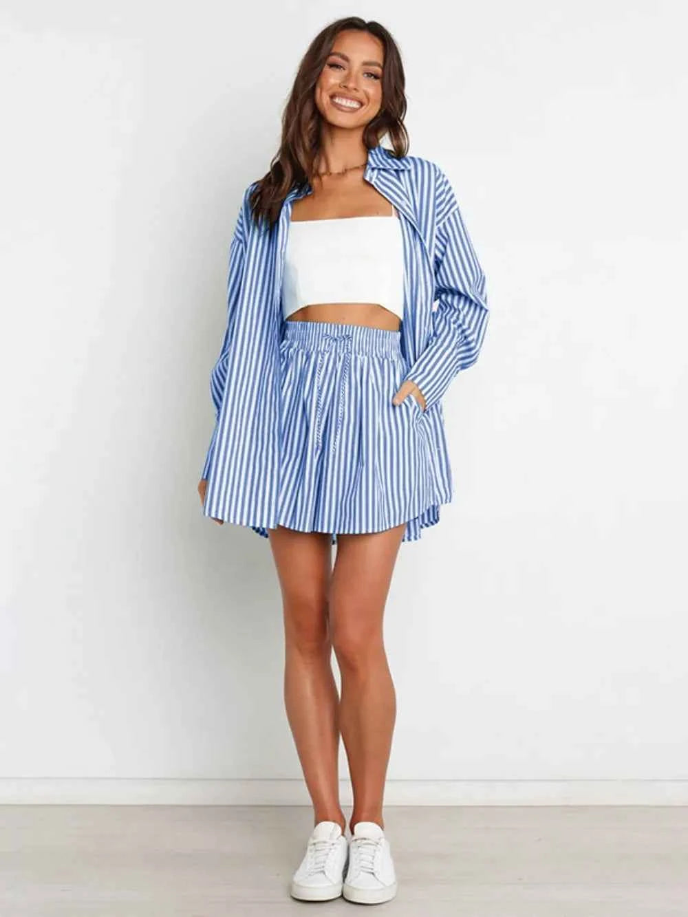 Striped Dropped Shoulder Shirt and Shorts Set