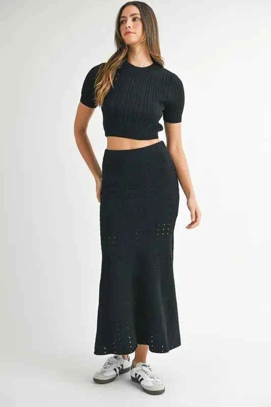 MABLE Pointelle Short Sleeve Crop Top and Slit Skirt Sweater Set