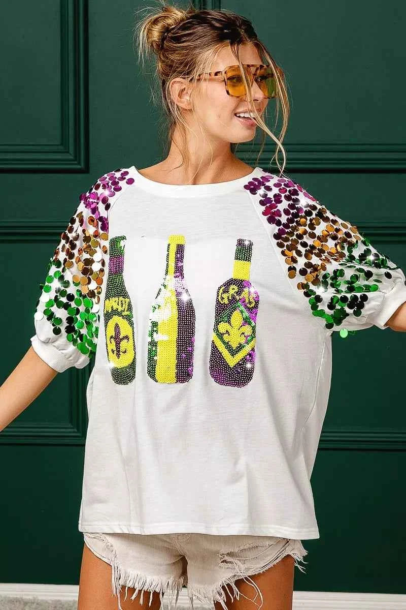 BiBi Sequin Mardi Gras Bottles Spangled Sleeve Top