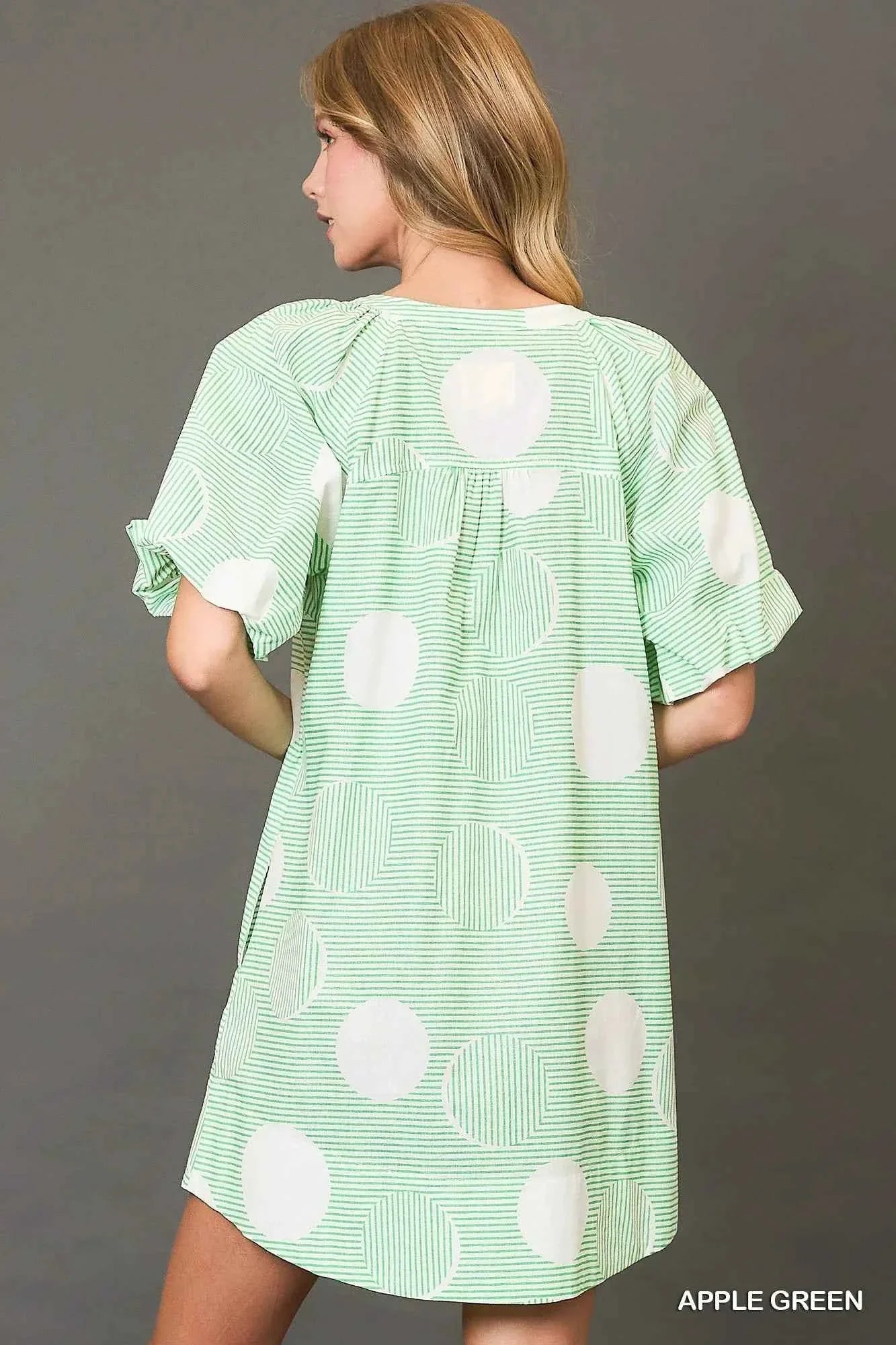 Umgee Stripe and Dot Print Button Down Puff Sleeve Mini Dress