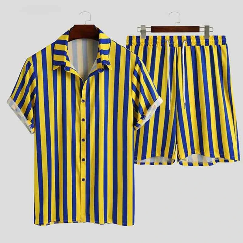 Men's Full Size Striped Button Up Shirt and Shorts Set Plus Size