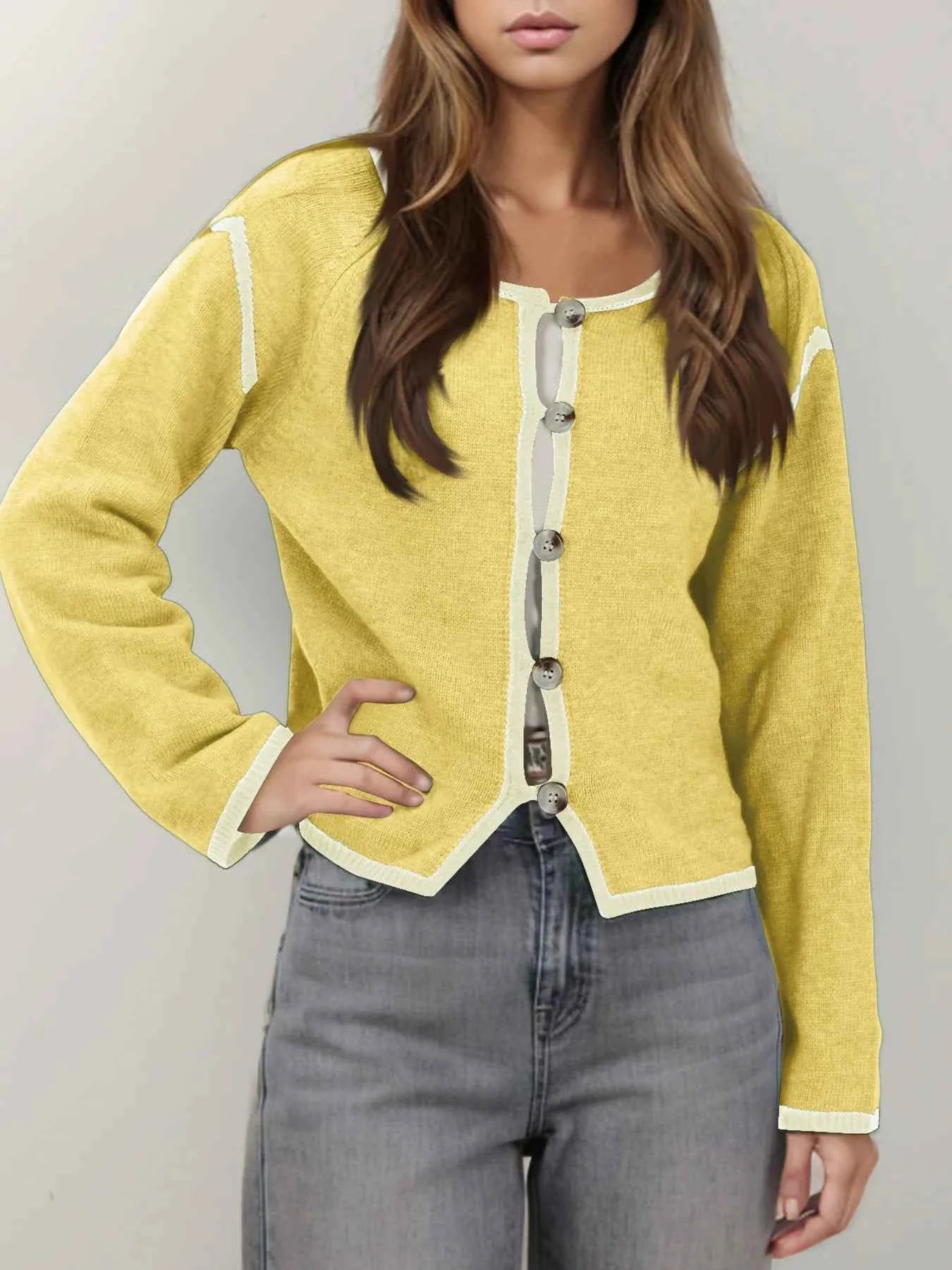 Button-Front Cardigan with Contrast Trim