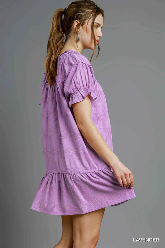 Umgee Heart Pattern Short Sleeve Ruffle Babydoll Dress