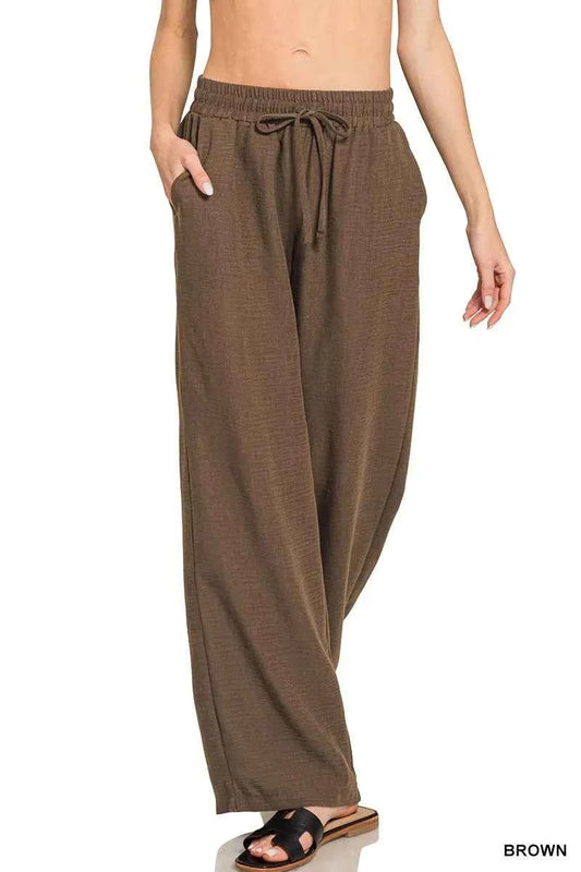 Zenana Woven Crepe Elastic Band Pants