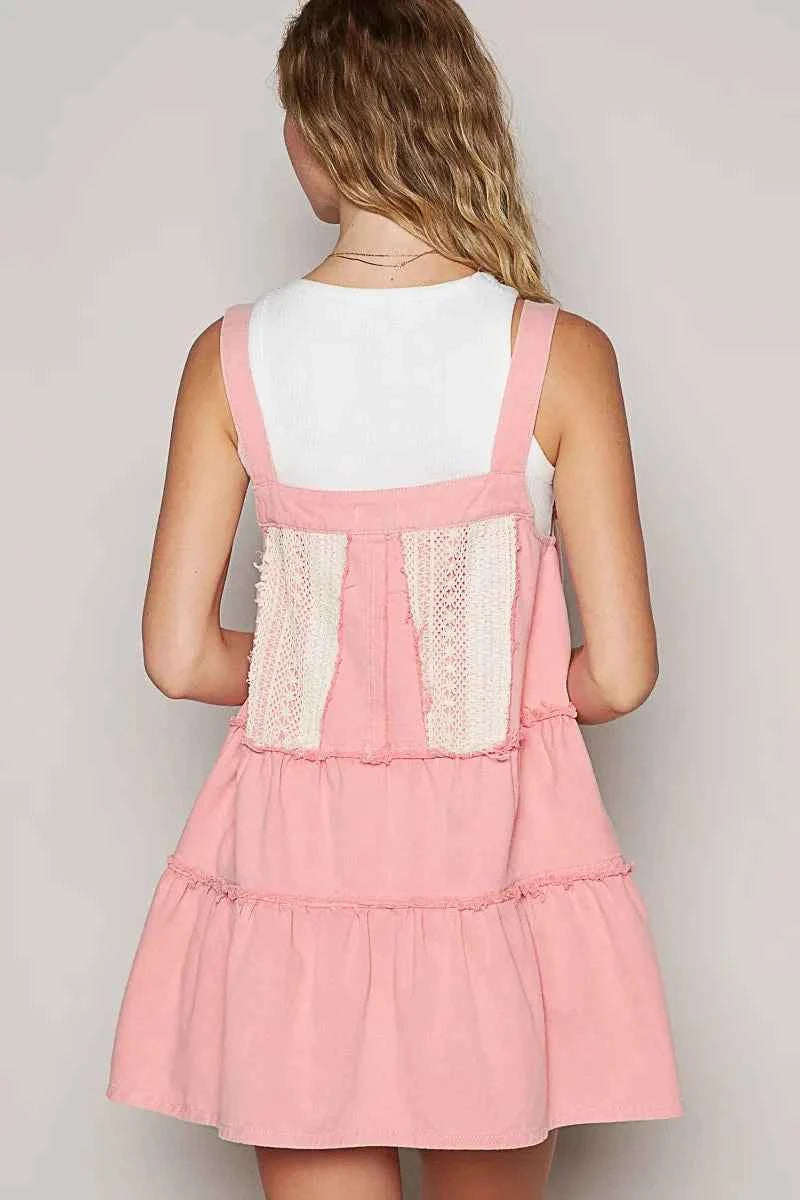POL Lace Patchwork Detail Denim Overall Dress