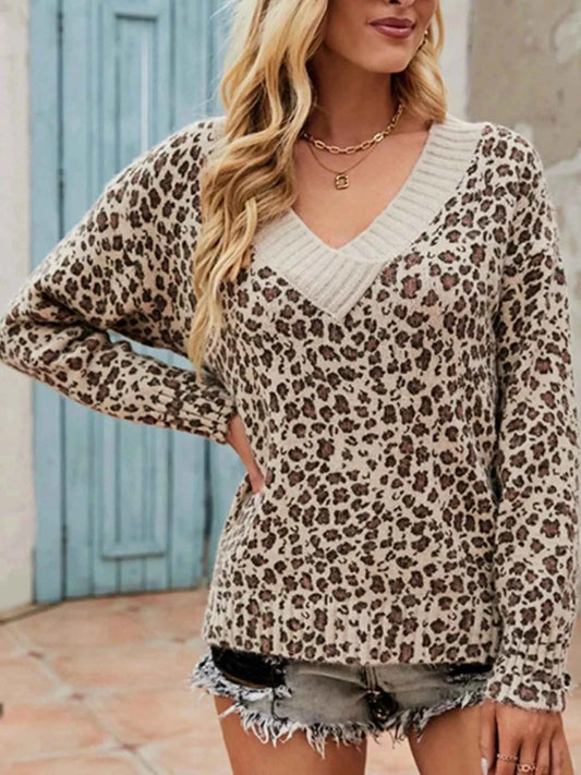 Leopard V-Neck Long Sleeve Sweater