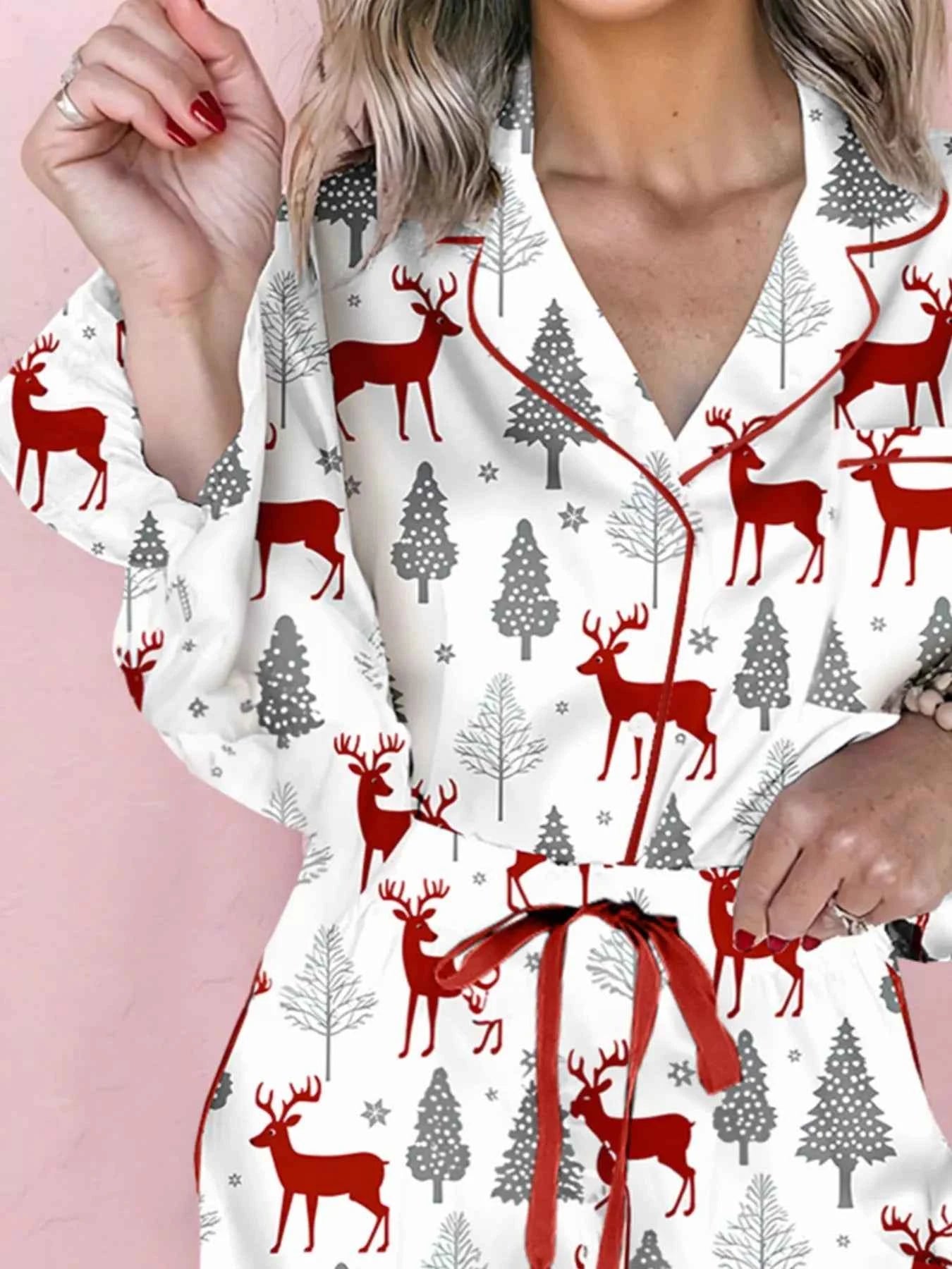 Christmas Fashion Print Velvet Trim Top and Shorts Pajama 2pcs Set