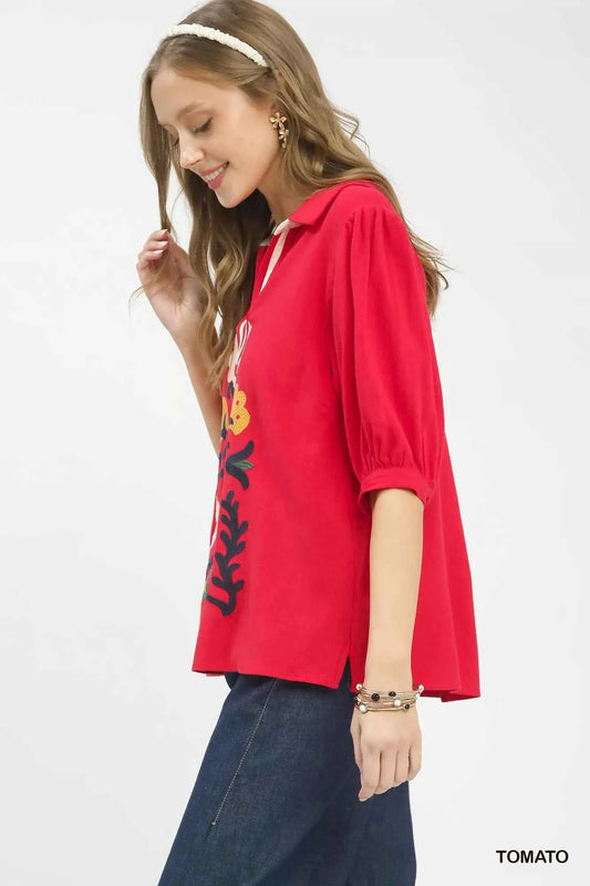 Umgee Mixed Media V-Neck Print Blouse