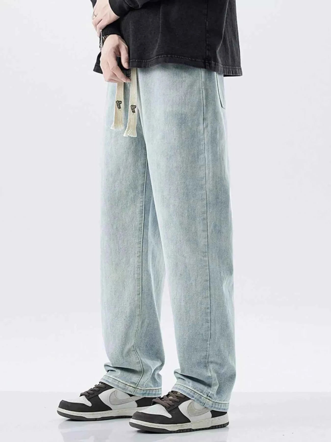 Men's Plus Size Drawstring Washed Wide Leg Jeans