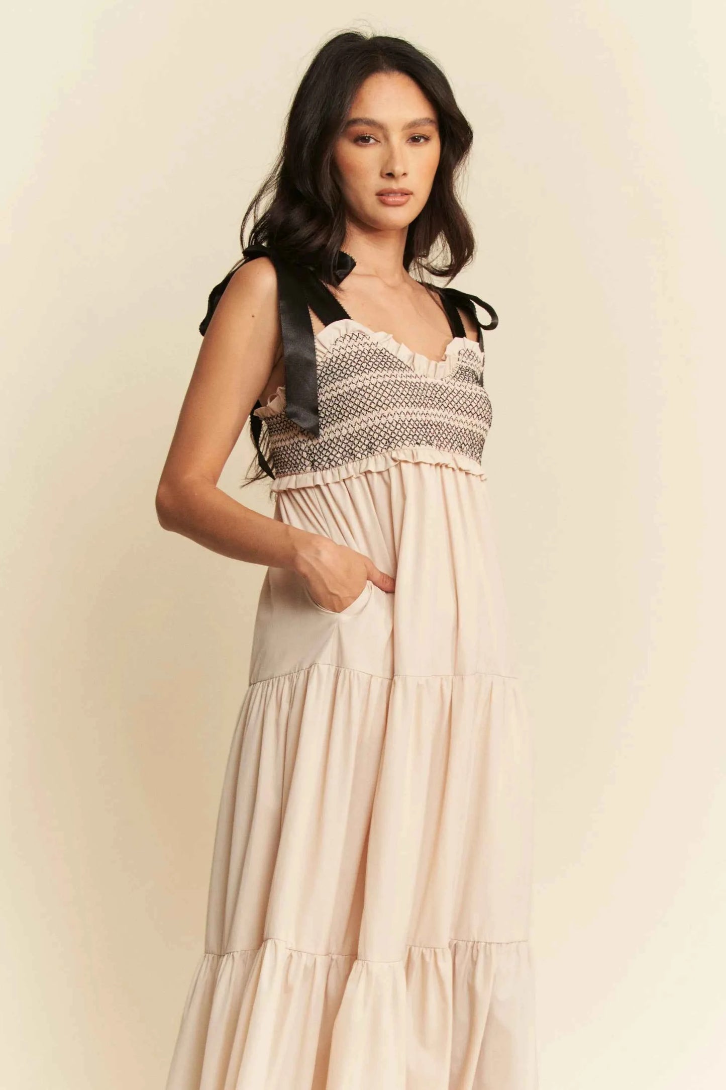 Davi & Dani Multi Contrast Smocked Bodice Straps Maxi Dress