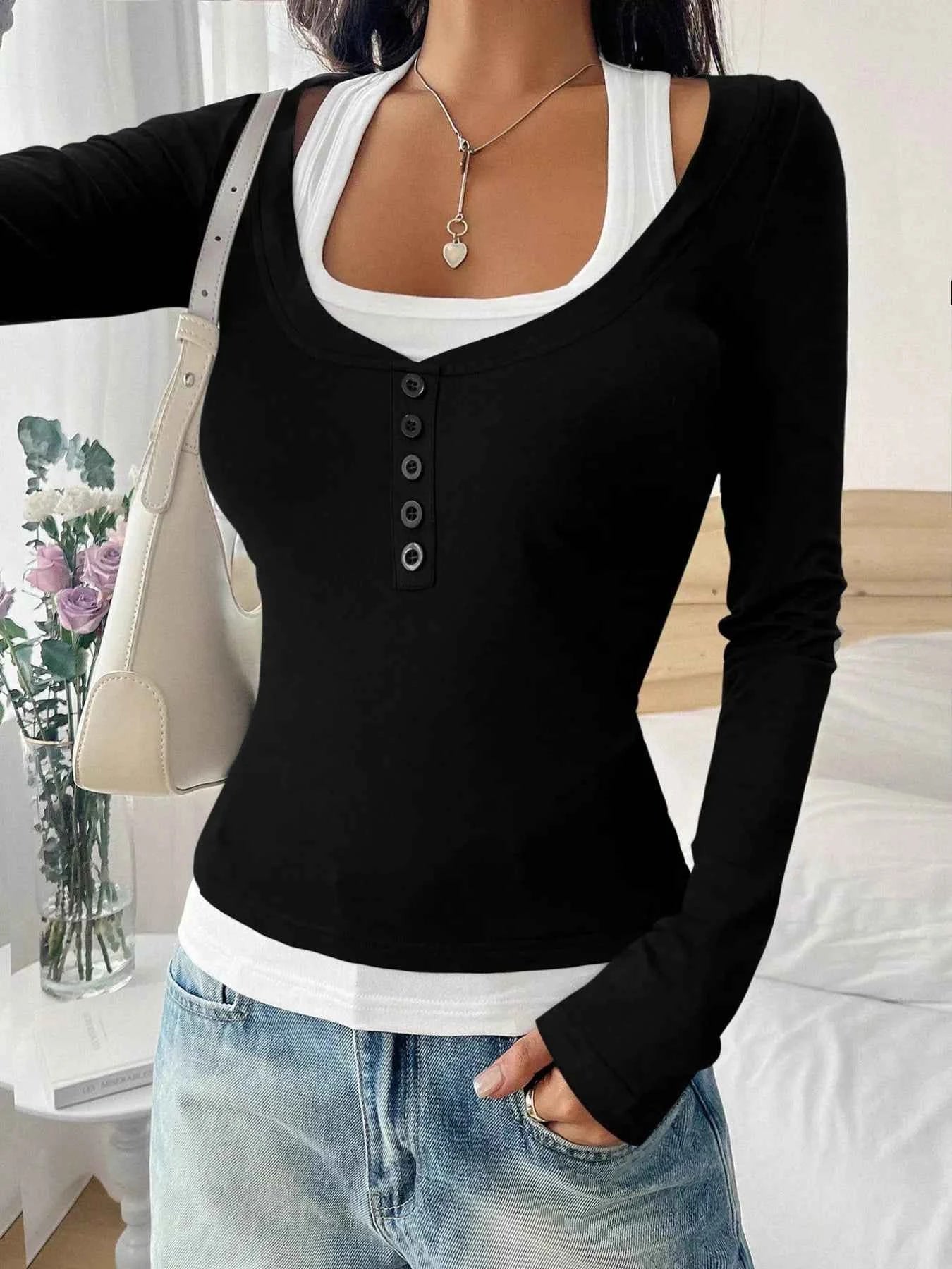 Scoop Neck Long Sleeve Fake Two-Piece T-Shirt
