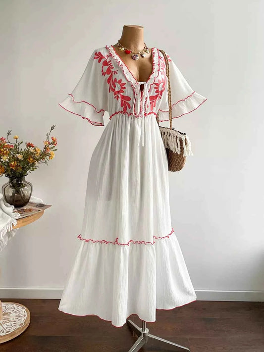 Plus Size Front Tie Maxi Dress with Floral Embroidered