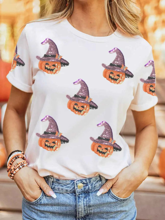 Sequin Pumpkin Witch Halloween Tee