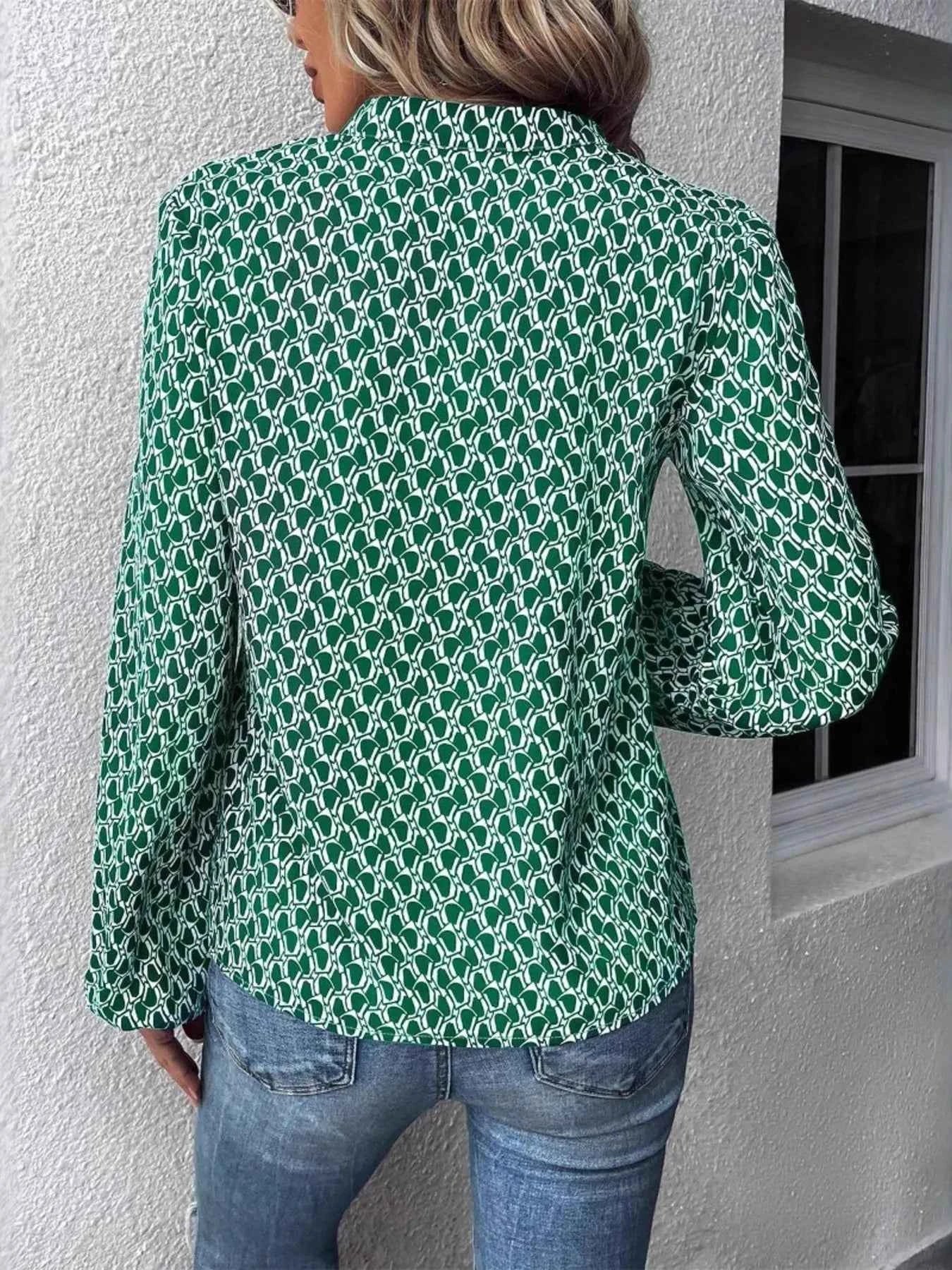 Printed Notched Long Sleeve Blouse