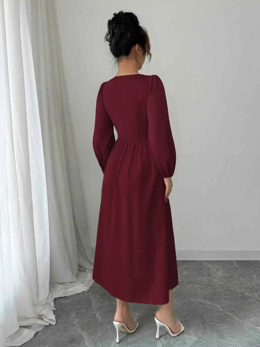 Square Neck Button-Front Midi Dress