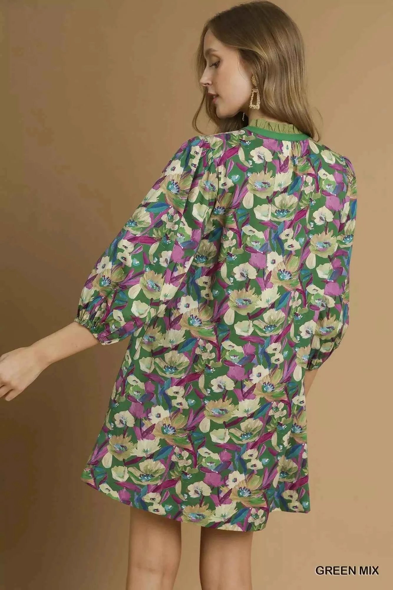 Umgee Boho Floral Balloon Sleeve Mini Dress