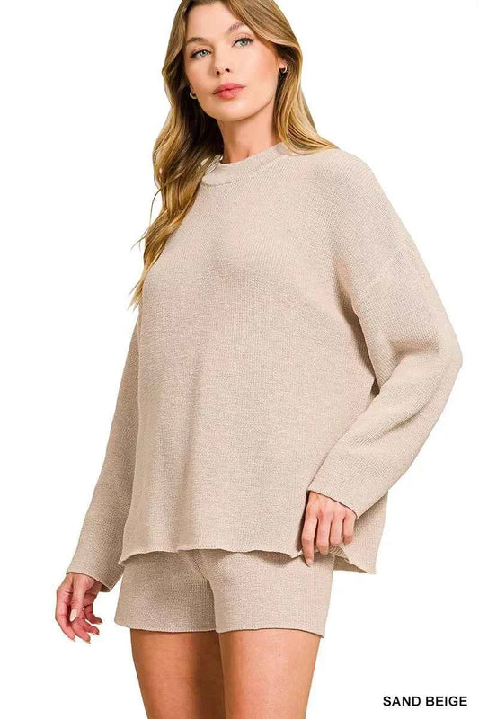 Zenana Round Neck Knit Top and Shorts Sweater Set