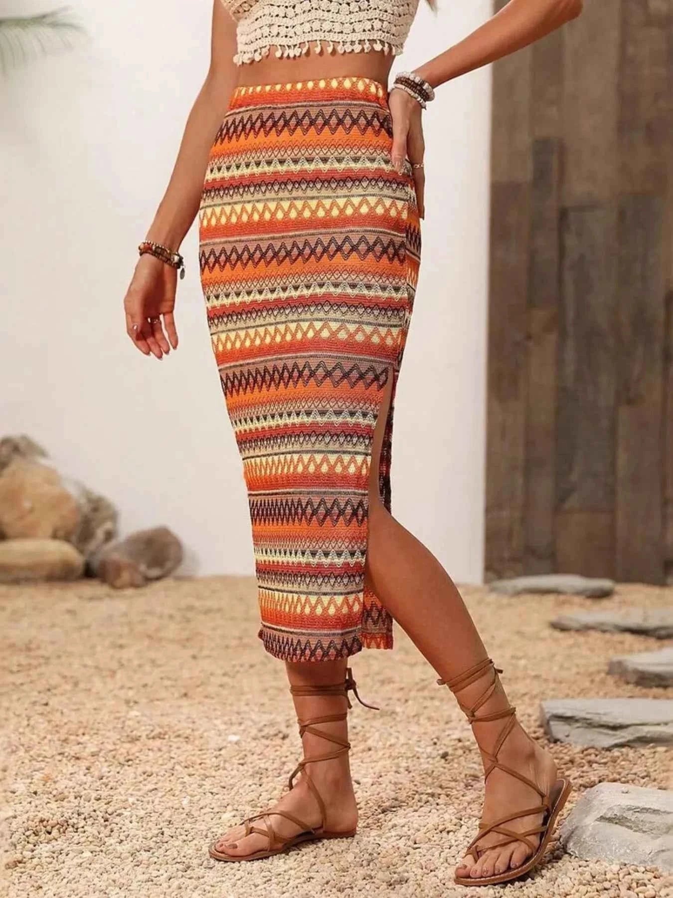 Boho Striped Side Slit Midi Skirt