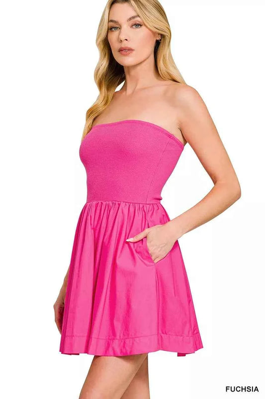 Zenana Combined Knit Tube Top Flare Mini Dress