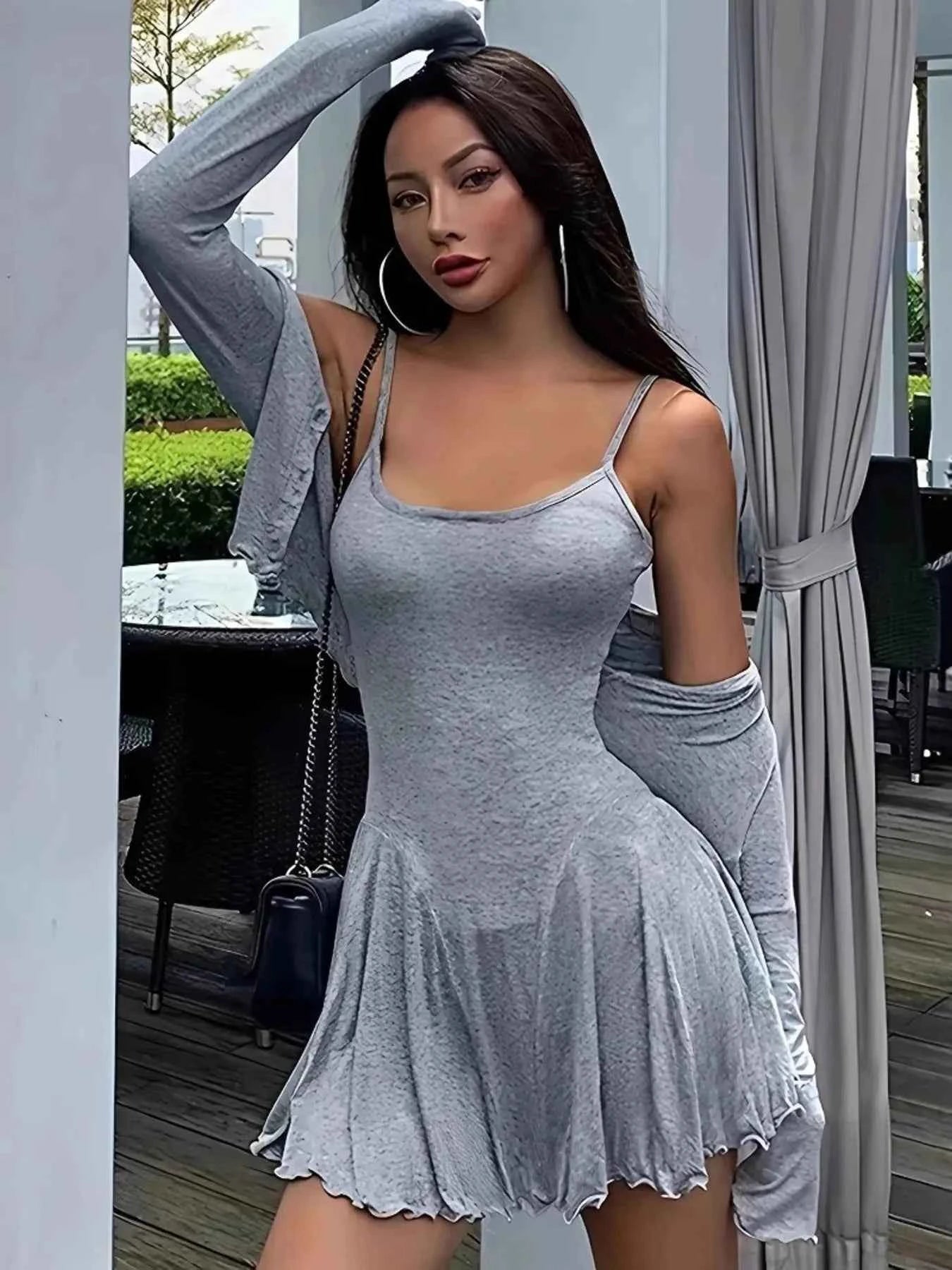 Button Front Long Sleeve Top and Cami Dress Two-Piece Set