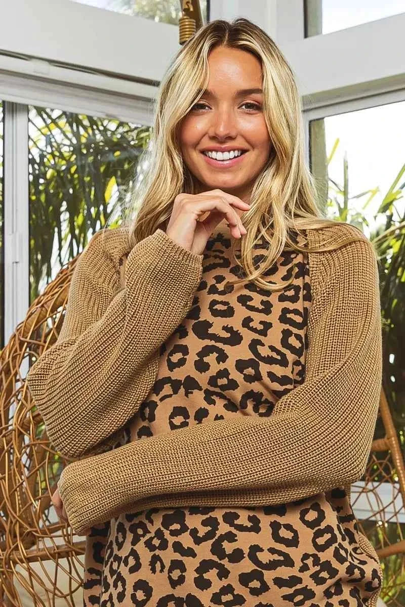 BiBi Leopard Pattern Front Raglan Sleeve Sweater