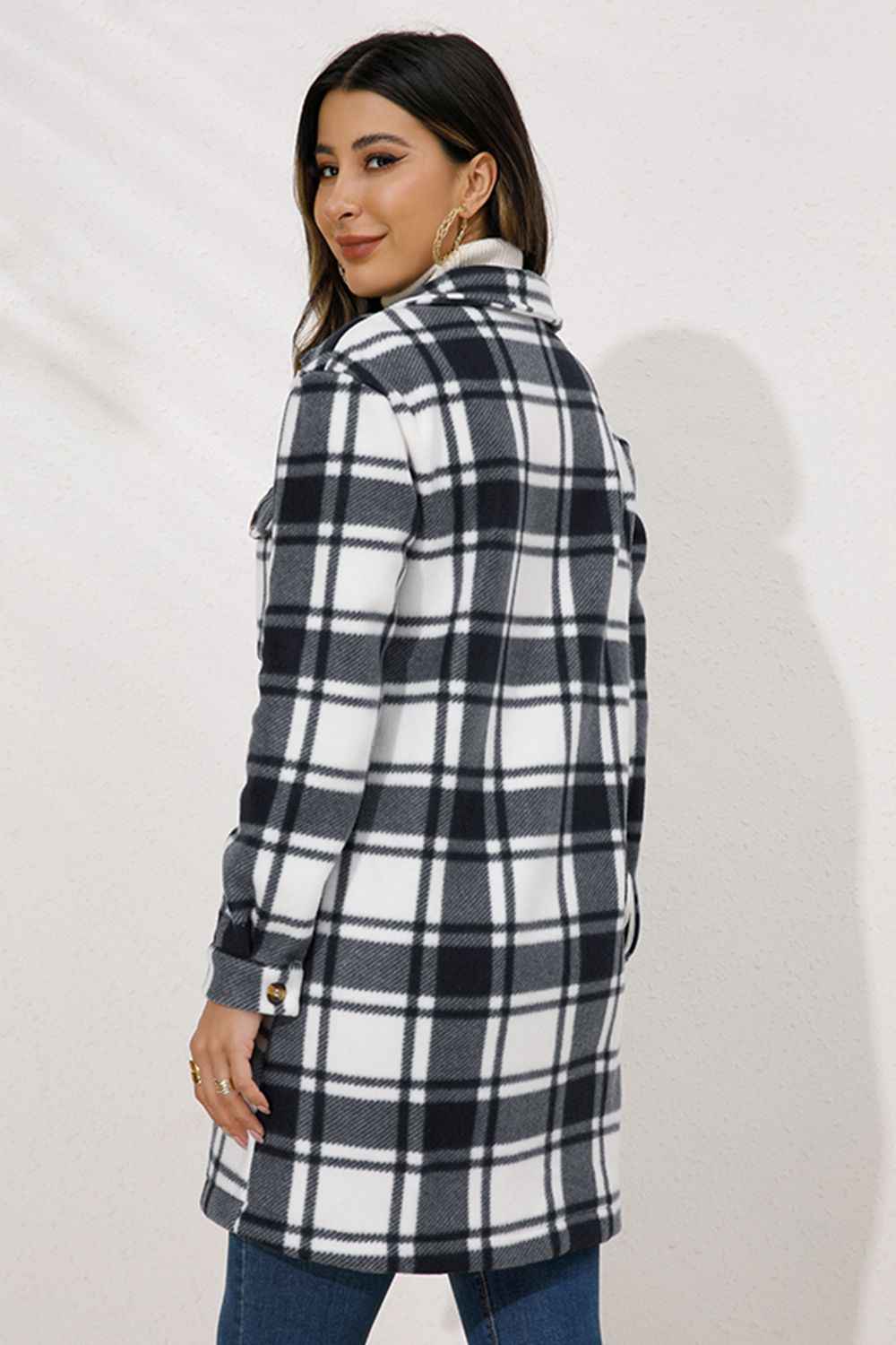 Shiny Plaid Collared Longline Coat