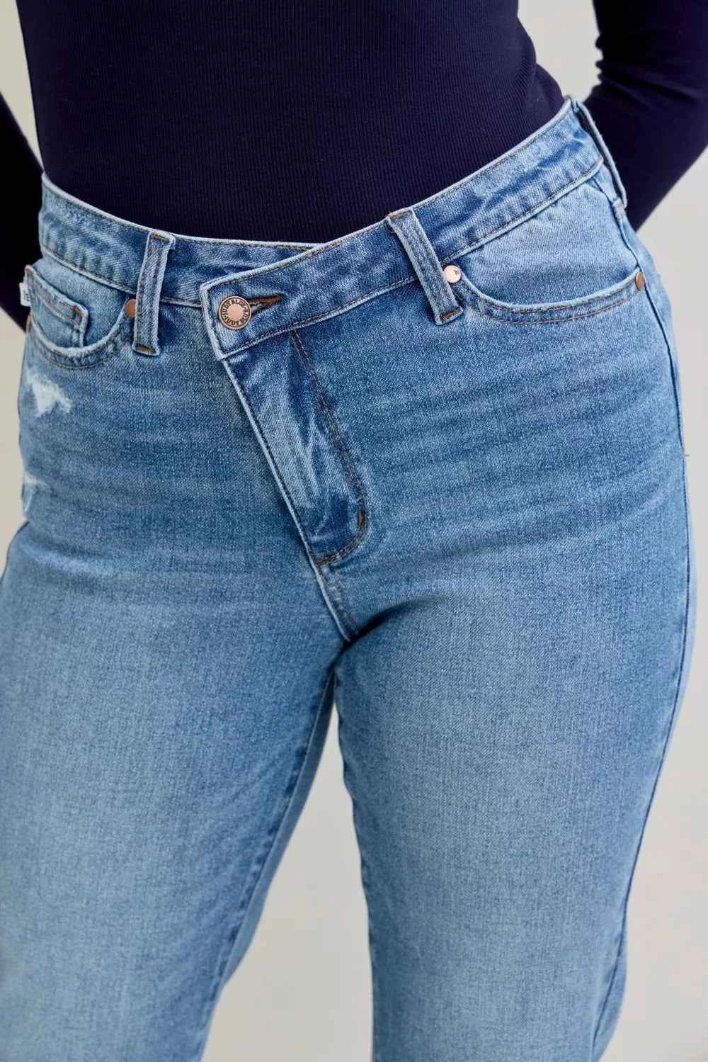 Judy Blue High Waist Bf Criss-cross Mild Destroy Jeans with Single Cuff