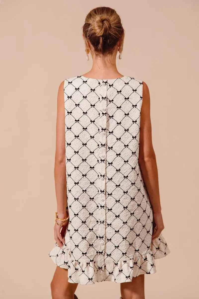 SO ME Texture Bow Printed Mini Ruffle Dress