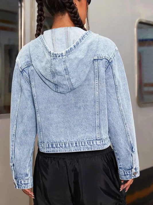 Hooded Drawstring Cropped Denim Jacket