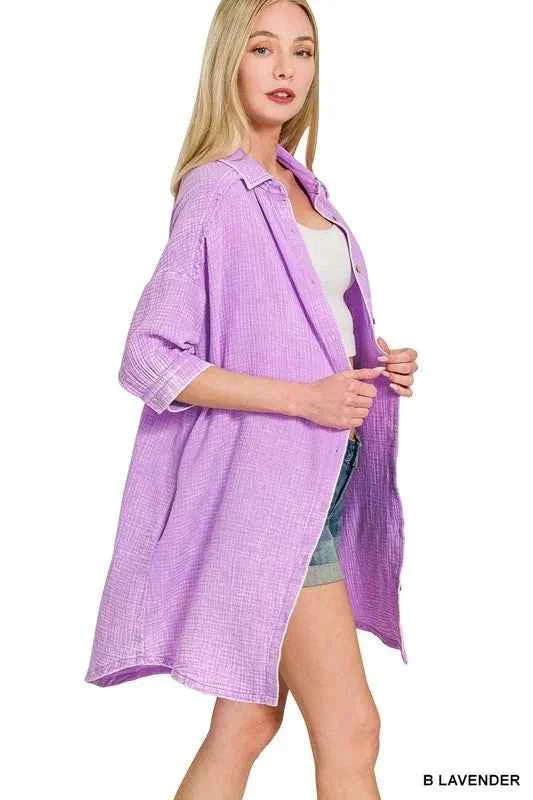 Zenana Washed Double Gauze Button Down Shirt Dress