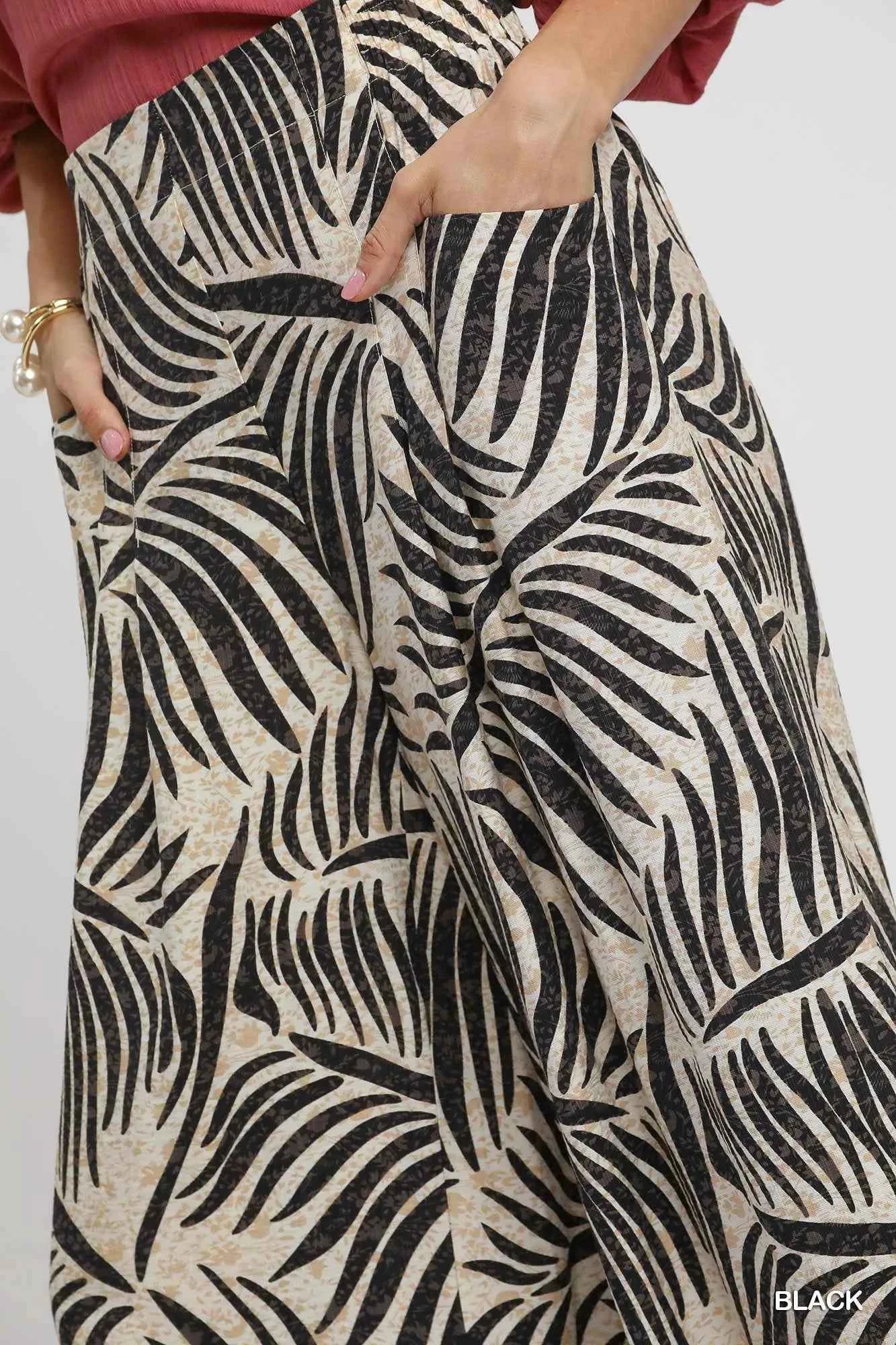 Umgee Palm Leaf Print Wide Leg Culotte Pants