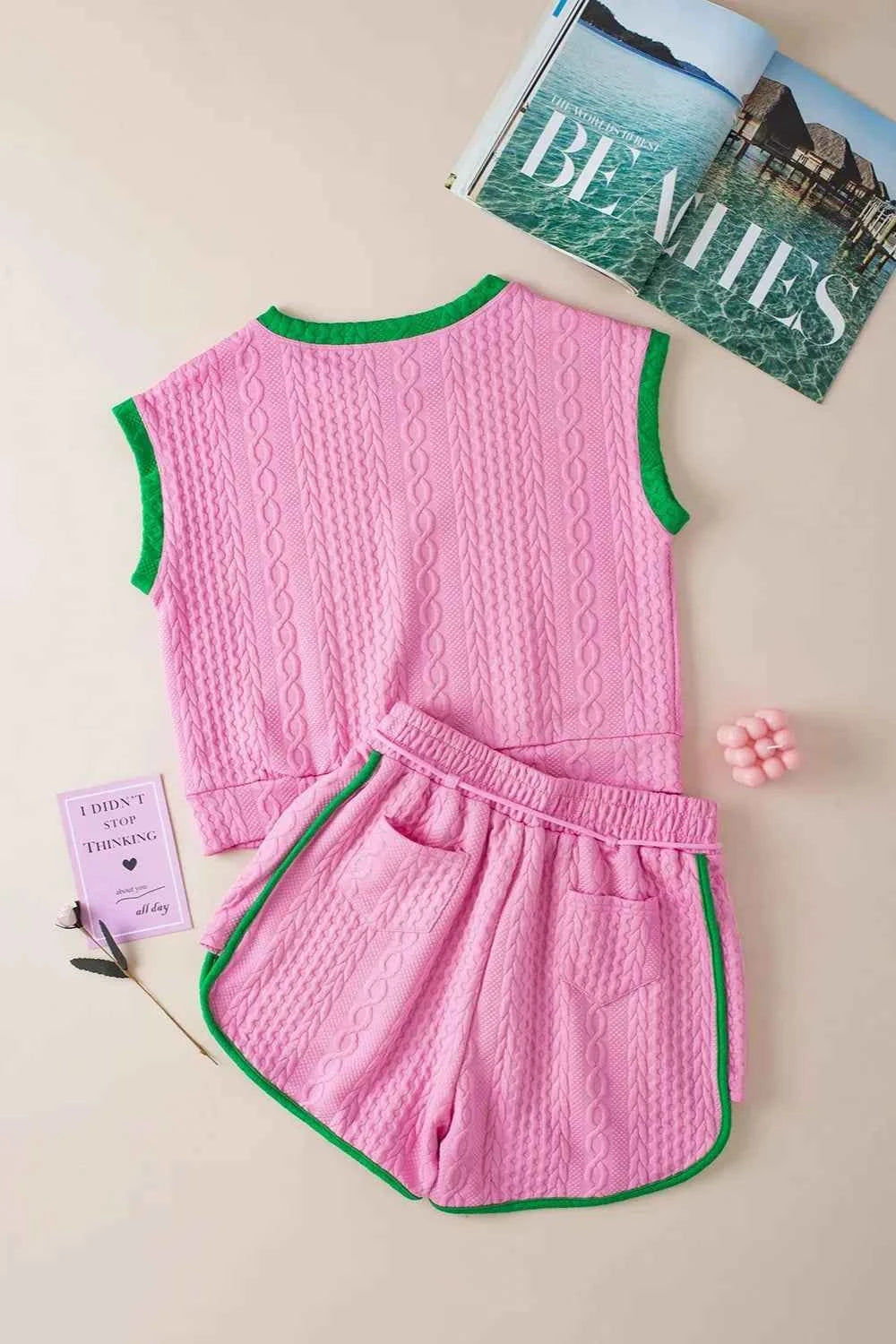 Contrast Trim Round Neck Top and Shorts Set