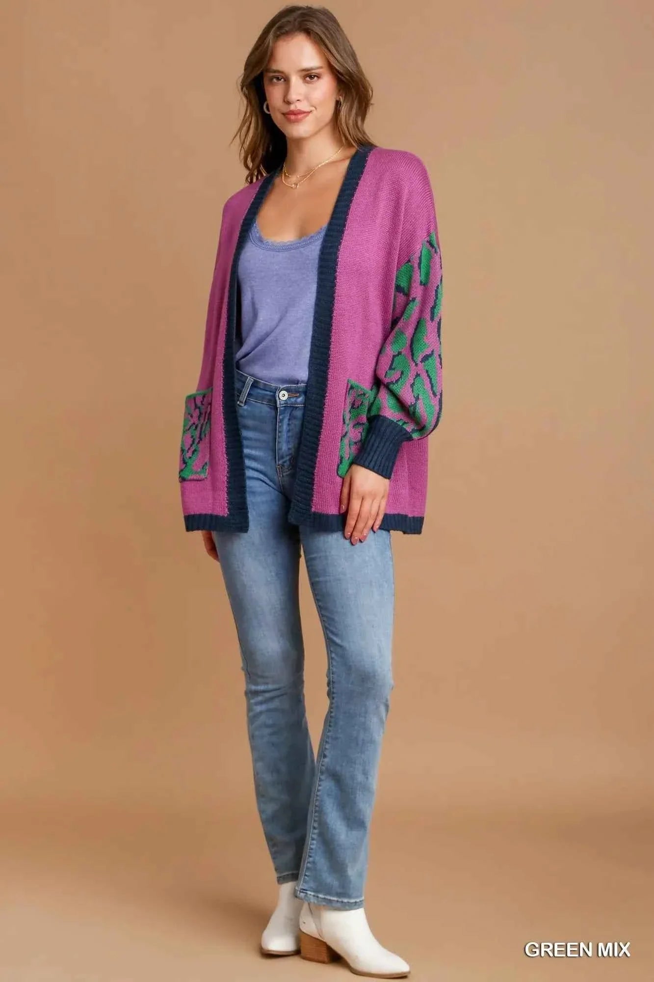 Umgee Animal Print Open Front Sweater Cardigan