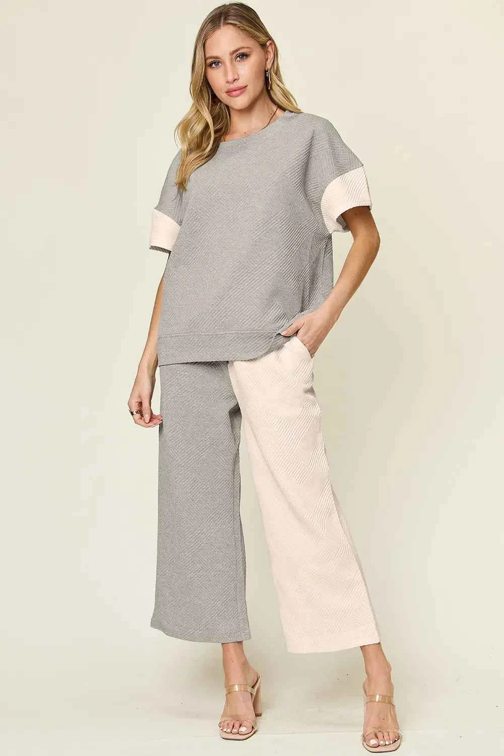 Double Take Full Size Texture Contrast T-Shirt and Wide Leg Pants Set