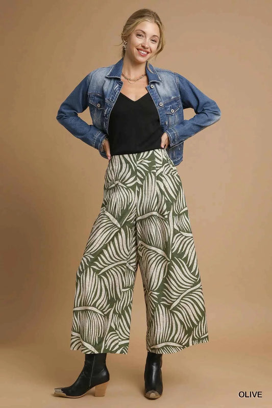Umgee Palm Leaf Print Wide Leg Culotte Pants