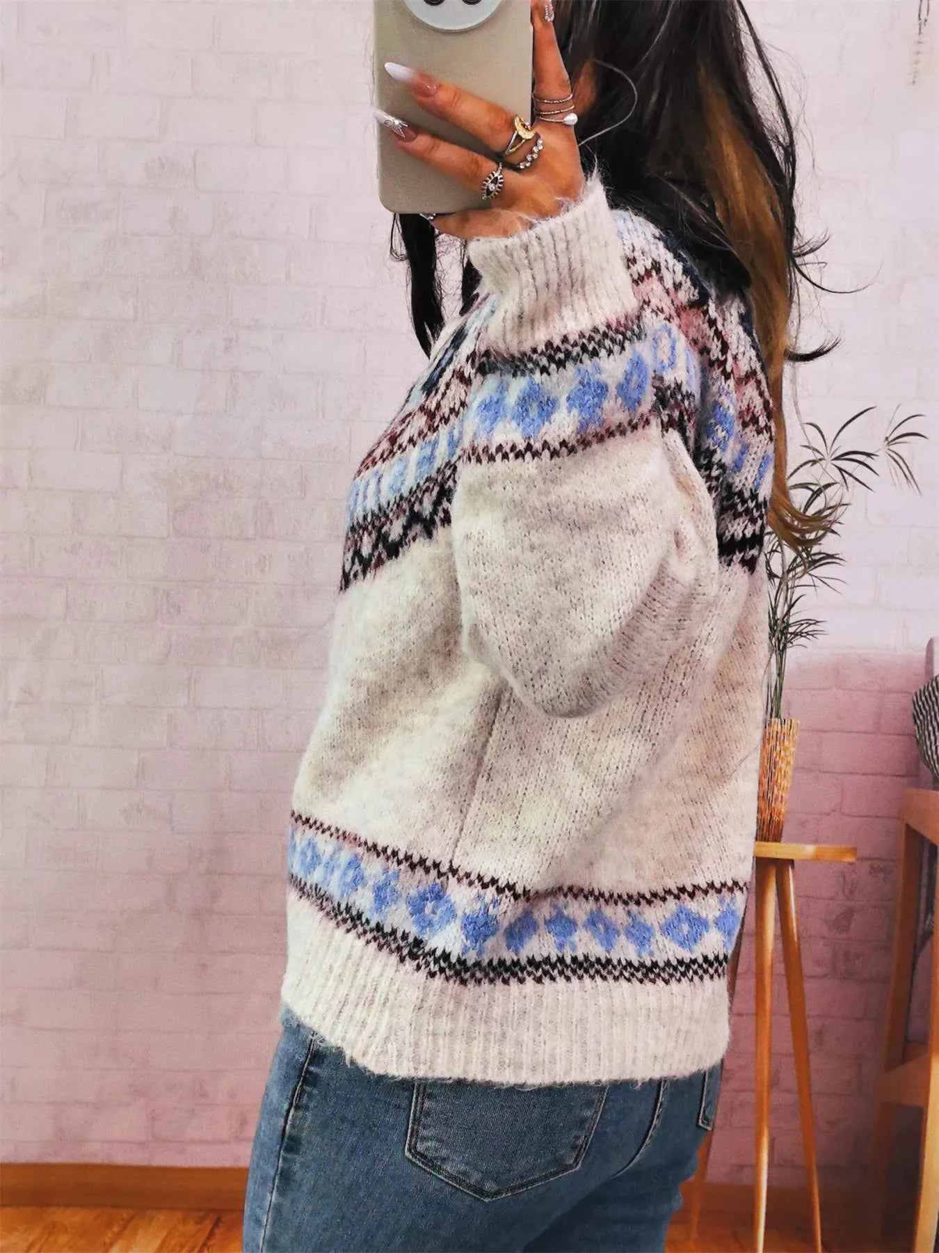 Geometric Pattern Button Up Long Sleeve Cardigan