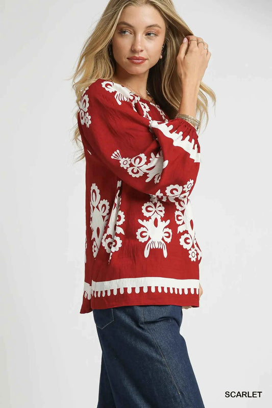 Umgee Two Tone Border Print Top with Balloon Sleeves