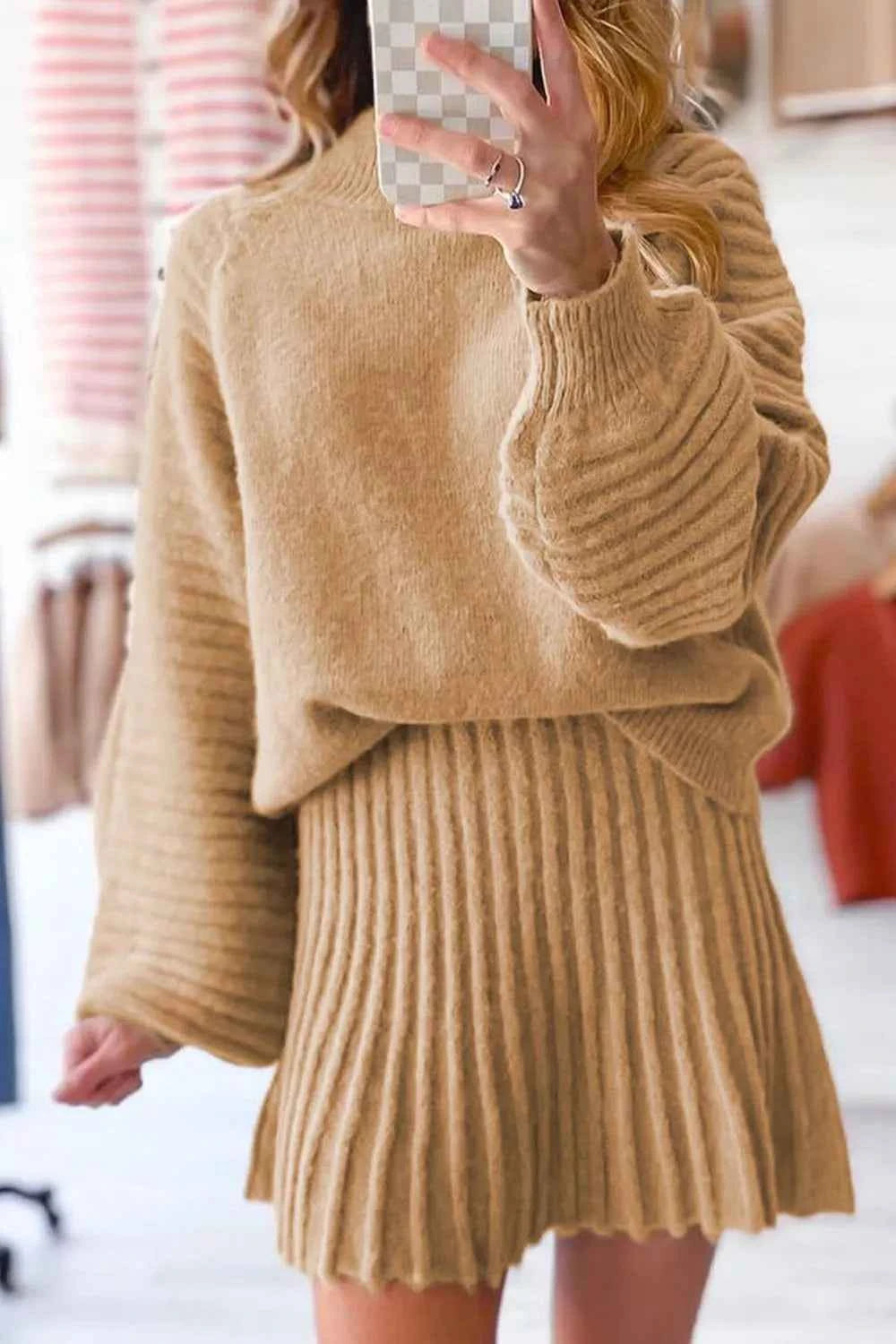 Ribbed Knit Long Sleeve Top and Skirt Sweater Set