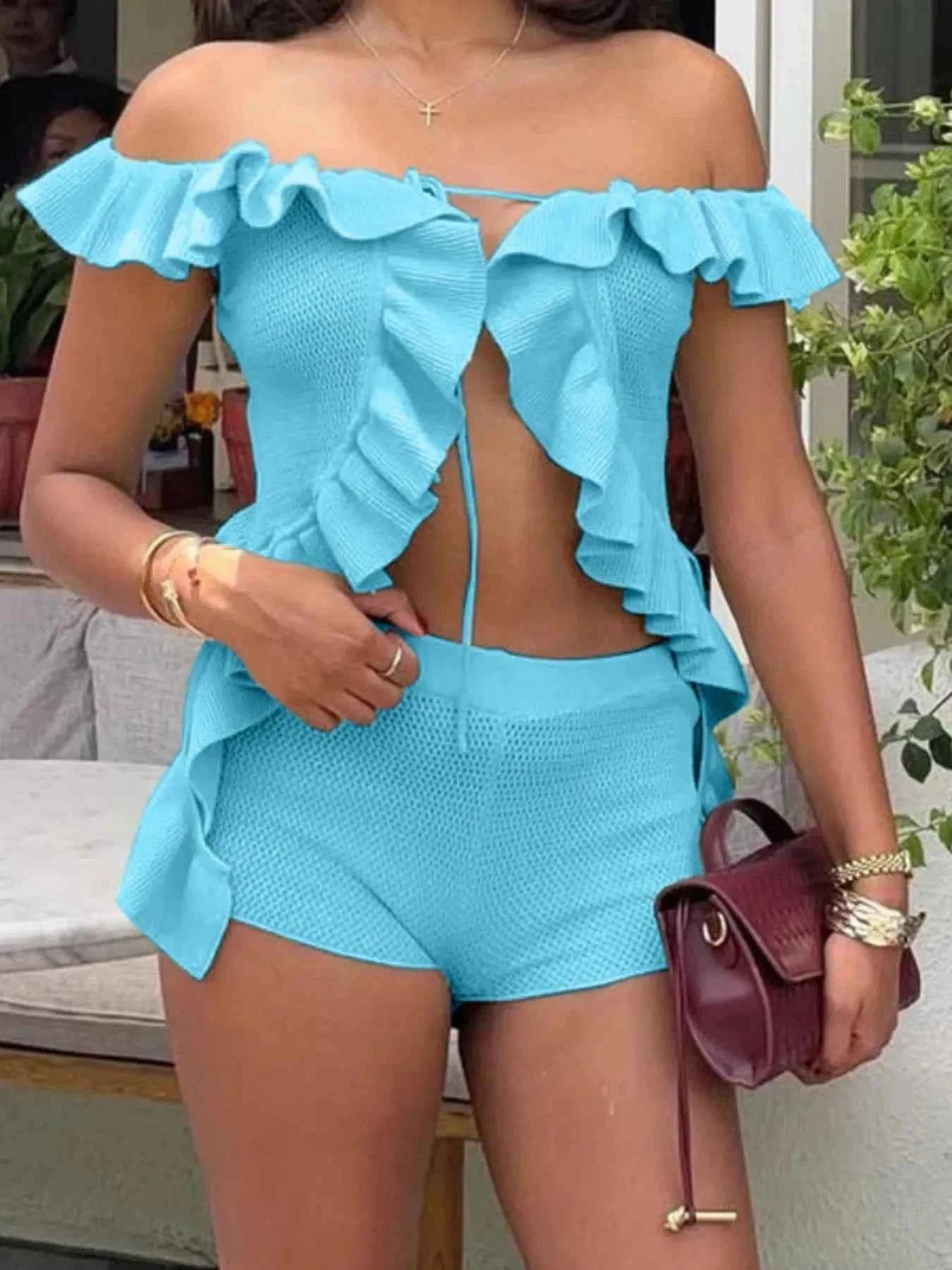 Off-Shoulder Ruffle Top and Shorts Sweater Set